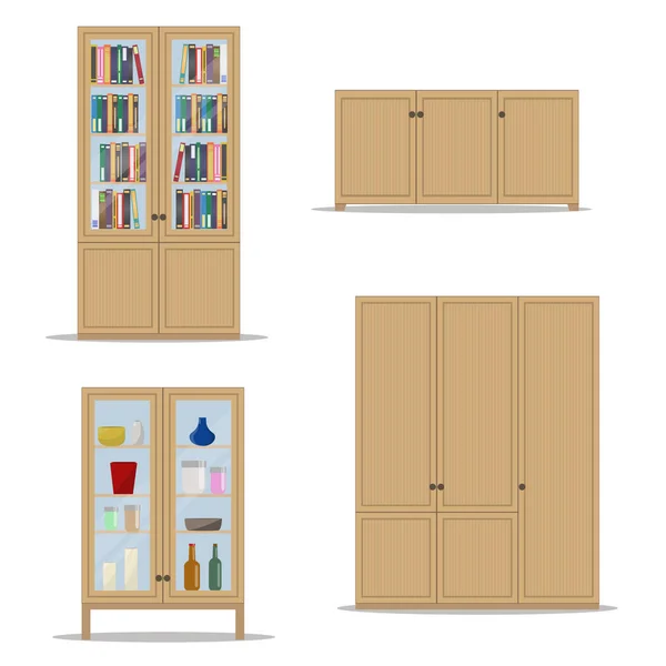 Classic wooden Interior set with isolated cupboard, bookshelf, wardrobe and cabinet. — Stock Vector