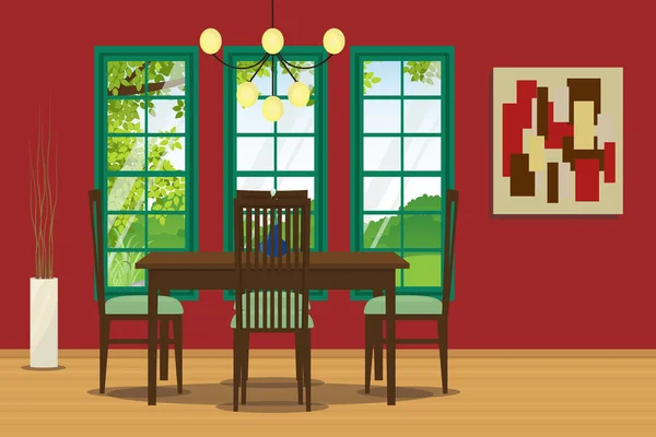 Εσωτερική τραπεζαρία με τραπέζι, καρέκλα, κρεμαστά λάμπα και τοίχο διακόσμηση. — Διανυσματικό Αρχείο