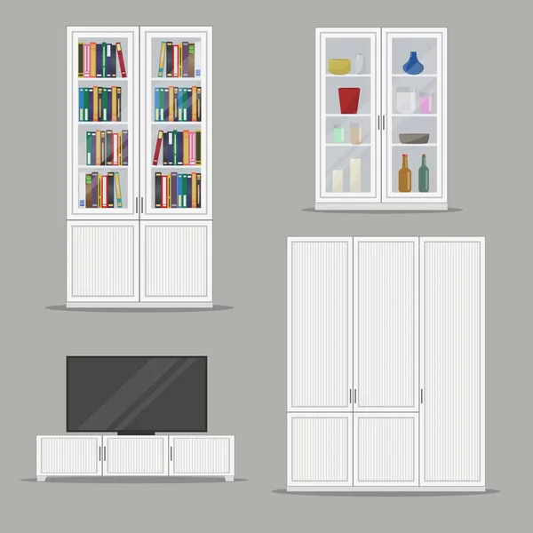 Set aus isoliertem Bücherregal, Fernsehschrank und Garderobenmöbeln. — Stockvektor