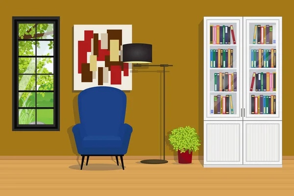 Leseraum mit Sofa und Bücherregal. — Stockvektor