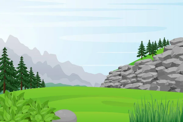 Ілюстрація скеляста гірка, поля, ліс і видом на гори. — стоковий вектор