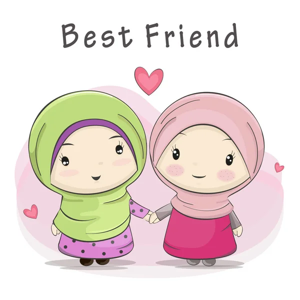 Best Friend of Two Cute Muslim Girls Cartoon — Stock Vector