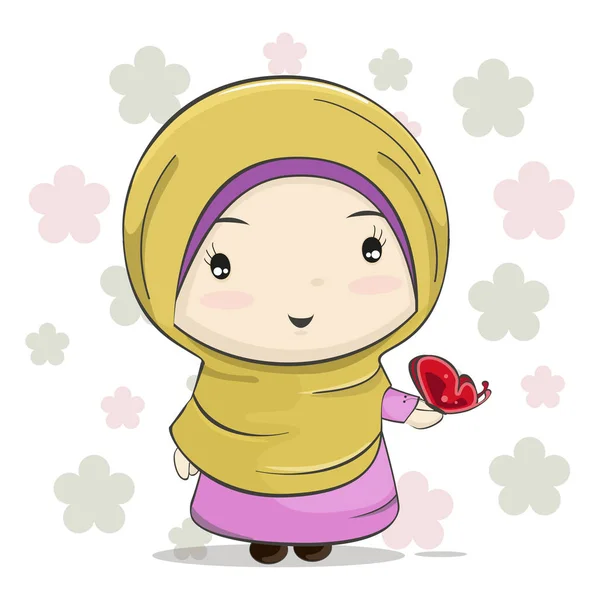 Una linda chica musulmana de dibujos animados con mariposa roja en su mano — Vector de stock