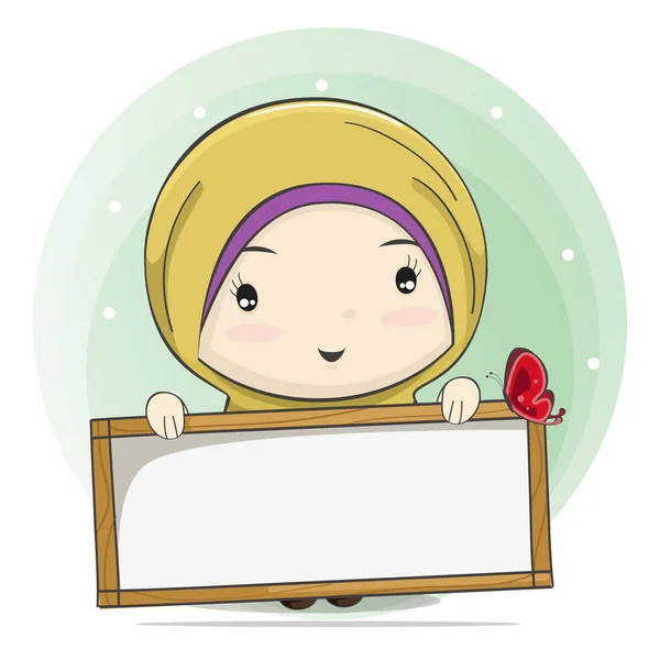 Linda caricatura de una chica musulmana sosteniendo un tablero para el espacio de texto — Vector de stock
