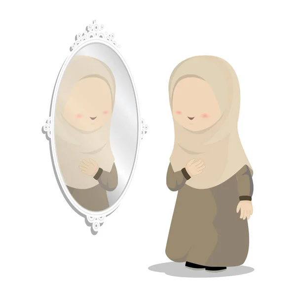 Cute Girl Wearing Hijab Look Mirror Dress Women Vector Illustrator — 스톡 벡터