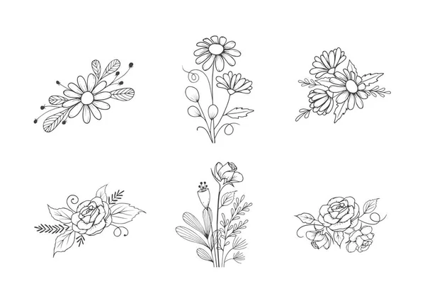 Χειροποίητη Συλλογή Λουλουδιών Από Τριαντάφυλλο Και Μαργαρίτα Στυλ Περίγραμμα Ποικιλία — Διανυσματικό Αρχείο