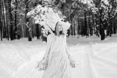 Görüntü kar kraliçesi. Kış orman içindeki kız. Kar, kış, kar fırtınası, orman, kız kış yolunda.