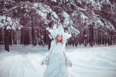 Görüntü kar kraliçesi. Kış orman içindeki kız. Kar, kış, kar fırtınası, orman, kız kış yolunda.