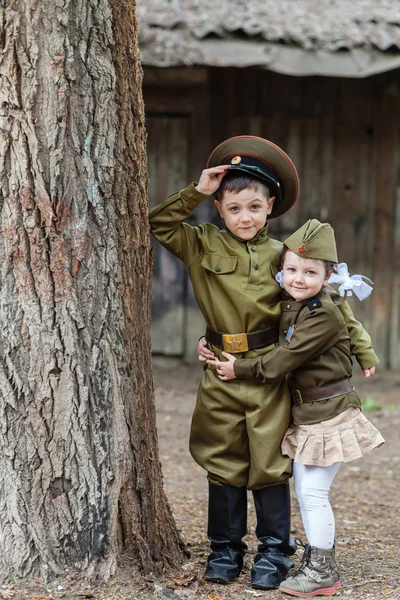 Enfants Uniforme Soldats Défenseurs Patrie Souviens Suis Fier Histoire Militaire — Photo