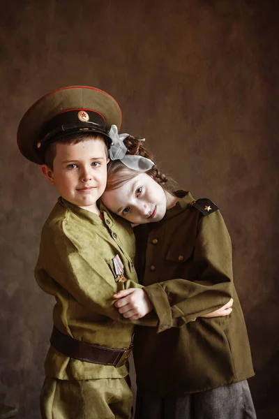 Niños Uniformados Soldados Los Defensores Patria Tema Militar Uniforme Militar — Foto de Stock