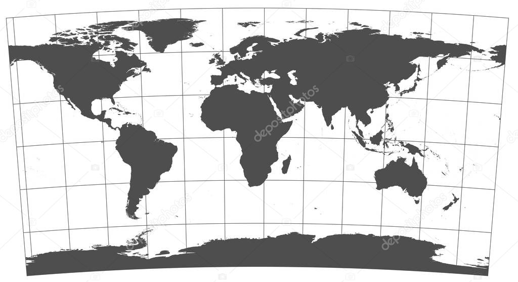 Gray world in different cartographic projections. 30 degrees grid of Meridians and parallels.