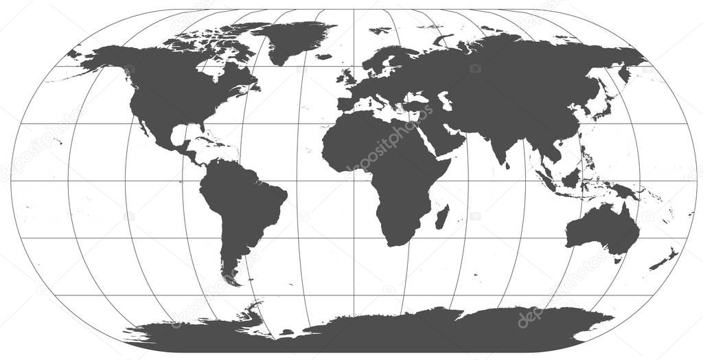 Gray world in different cartographic projections. 30 degrees grid of Meridians and parallels.