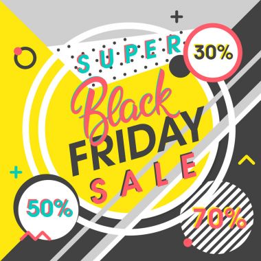 Siyah Cuma satışı büyük başlığı. Özel teklif-memphis tarzı geometrik öğelerle. Satılık şablon, el ilanları, afişler, promosyon, kampanya, reklamlar, Kuponlar ve daha fazla baskı için mükemmel.