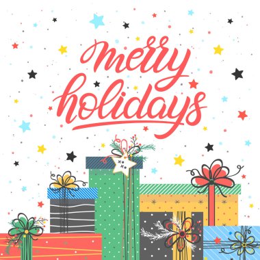 Noel ve yeni yıl tipografi. Mutlu tatil farklı hediye kutuları, kar taneleri ve yıldız. Mevsim Selam, el ilanları, kartları, davetiyeleri ve daha fazla baskı için ideal kart. Vektör çizim.