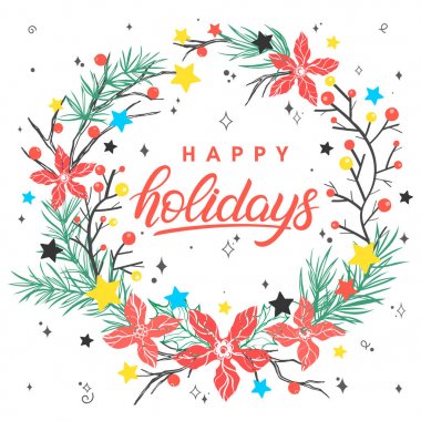 Noel ve yeni yıl tipografi. Mutlu bayramlar ve swirls, sparkles ve yıldız ile Noel çelenk. Mevsim Selam, el ilanları, kartları, davetiyeleri ve daha fazla baskı için ideal kart. Vektör çizim.