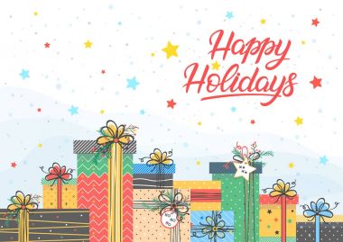 Noel ve yeni yıl tipografi. Farklı hediye kutuları, kar taneleri ve yıldız ile mutlu tatiller. Mevsim Selam, el ilanları, kartları, davetiyeleri ve daha fazla baskı için ideal kart. Vektör çizim.