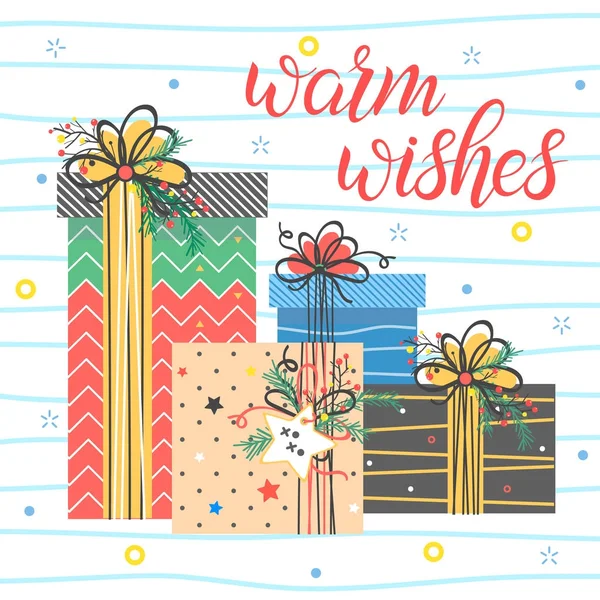 Tipografia Natal Ano Novo Desejos Calorosos Saudações Férias Com Confetes — Vetor de Stock