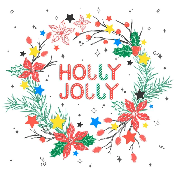 Kerstmis Nieuwjaar Typografie Holly Jolly Kerst Krans Met Wervelingen Sparkles — Stockvector