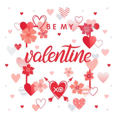My Valentine - olmak el yazı farklı kalpler ile boyalı. Romantik illüstrasyon tasarımı tebrik kartları, el ilanları, afişler, tatil davetiyeleri ve daha fazla baskı için mükemmel. Vektör Sevgililer günü kartı.