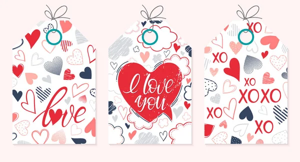 Set Kreativer Valentinstags Karten Handgezeichneter Schriftzug Mit Herzen Punkten Sprechblase — Stockvektor