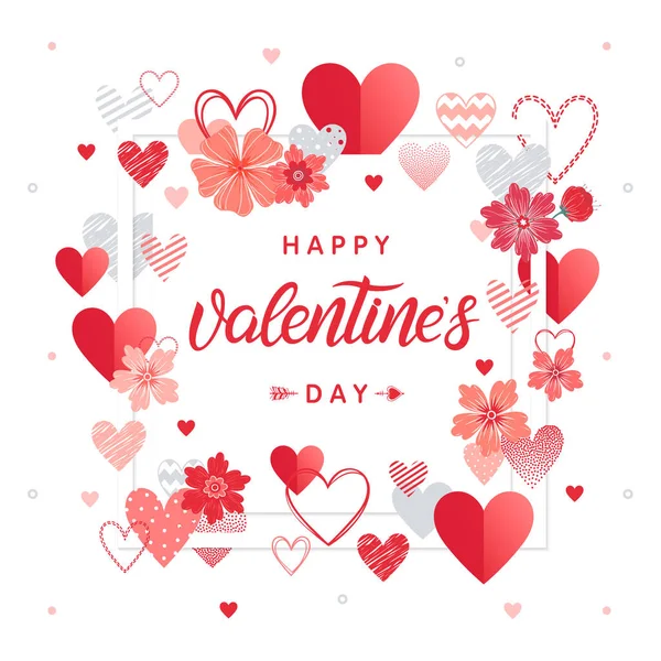 Happy Valentines Day Lettrage Peint Main Avec Différents Cœurs Fleurs — Image vectorielle