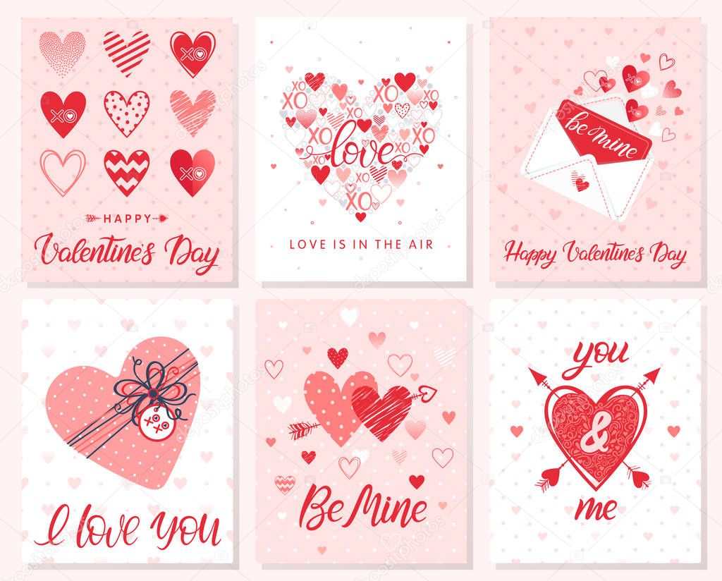 Set of creative Valentines Day cards with hearts,dots,hugs and kisses,love letter,gift box and arrows.Romantic illustrations perfect for prints,flyers,posters,holiday invitations and more.