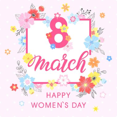 Kadın gün tipografi - el yazı farklı çiçek ve çiçek öğeleri ile boyalı. Mevsim Selam, el ilanları, afişler, tatil davetiyeleri ve daha fazla baskı için ideal kart. Vektör 8 Mart kartı.