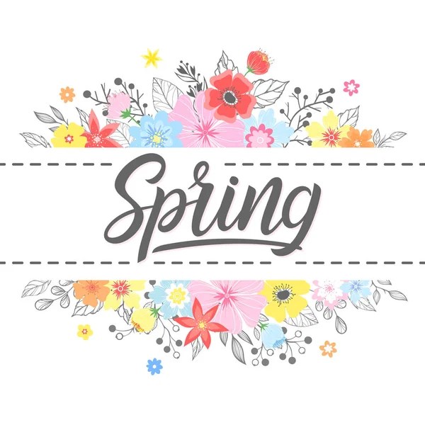 Cartão Primavera Com Letras Desenhadas Mão Com Elementos Florais Plantas — Vetor de Stock