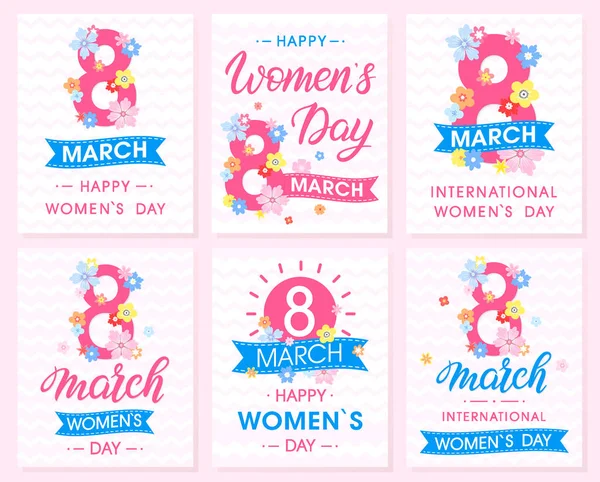 Satz Kreative Karten Zum Frauentag Mit Bändern Und Verschiedenen Blumen — Stockvektor