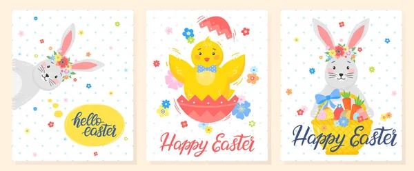 Set Kreativer Osterkarten Handgezeichneter Schriftzug Mit Eiern Küken Niedlichen Hasen — Stockvektor