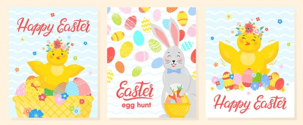 Set Kreativer Osterkarten Handgezeichneter Schriftzug Mit Eiern Küken Niedlichen Hasen — Stockvektor