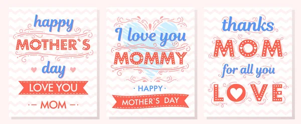 Set Creative Mothers Day Cards Zig Zag Background Ribbons Hearts — Stock Vector