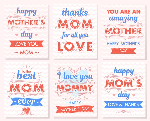 Set Kreativer Muttertagskarten Handgezeichneter Schriftzug Mit Herzen Wolken Zick Zack — Stockvektor