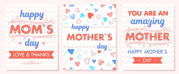 Set Creative Mothers Day Cards Zig Zag Background Ribbons Hearts — Stock Vector
