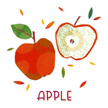 İzole elmalar: tam meyve ve yarısı beyaz bir arka planda dilimlenmiş. Mevsimlik tarım ürünleri. Sağlıklı beslenme. Tarım fuarı..