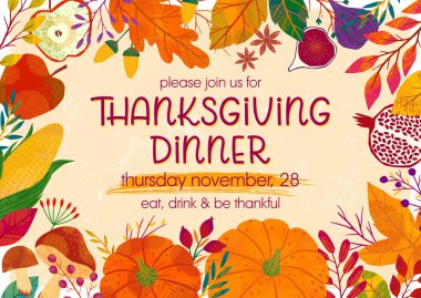 Kabaklar, mantarlar, elmalar, incirler, narlar, bitkiler, yapraklar, böğürtlenler ve çiçek elementleriyle Şükran Günü yemeği şablonu. Bayram davetiyesi tasarımı..