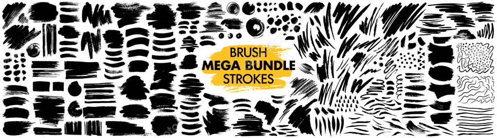 Mega bundle of different ink brush strokes:rectangle,square and round freehand drawings.Ink splatters,grungy painted lines,artistic design elements:waves,circles,triangles.Vector paintbrush set.