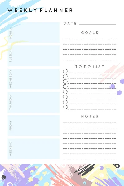 Vector Weekly Planner Template Hand Drawn Shapes Textures Pastel Colors — Stock Vector