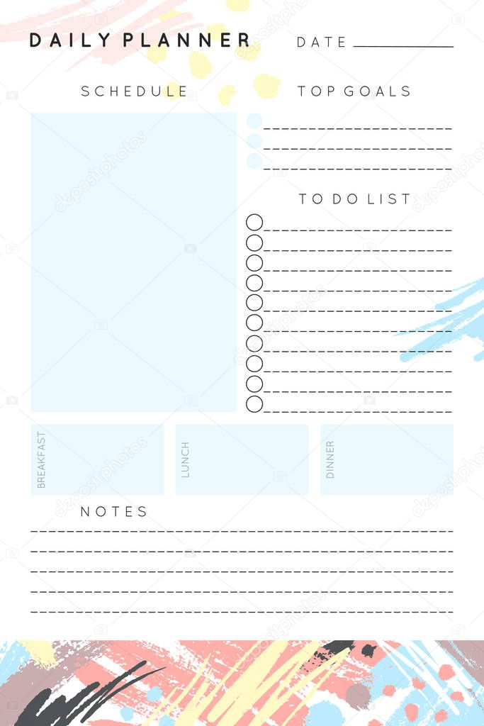 Vector daily planner template with hand drawn shapes and textures in pastel colors.Organizer and schedule with place for notes and to do list.Trendy minimalistic style.Abstract modern design.