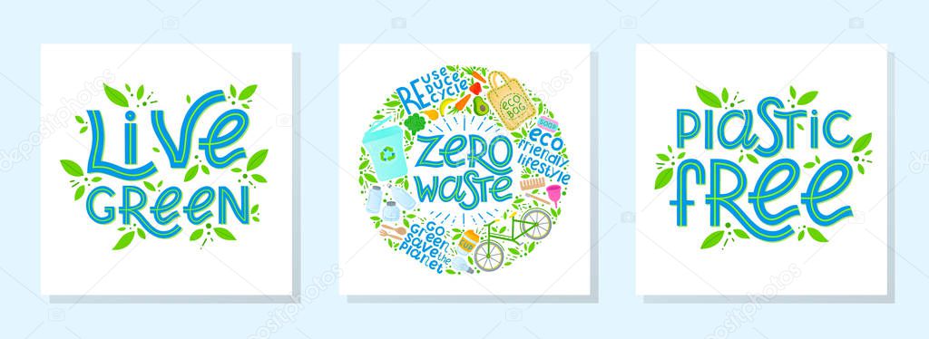 Bundle of zero waste vector lettering.Ink brush inscription.Eco friendly lifestyle slogans,hand drawn illustrations.Perfect for product signs,labels,stickers,eco posters,typography design and more