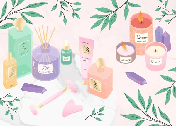 Ensemble Vectoriel Produits Cosmétiques Soins Peau Outils Massage Visage Huile — Image vectorielle