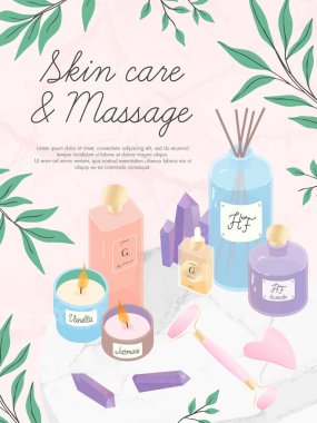 Vector set of skincare cosmetic products,face massage tools,oil,amethyst crystals,candles,diffuser,eucalyptus on a decorative marble tray.Skin care,aromatherapy,spa and wellness concept.Beauty routine clipart
