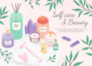 Vector set of skincare cosmetic products,face massage tools,oil,amethyst crystals,candles,diffuser,eucalyptus on a decorative marble tray.Aromatherapy,spa,wellness and selfcare concept.Beauty routine. clipart
