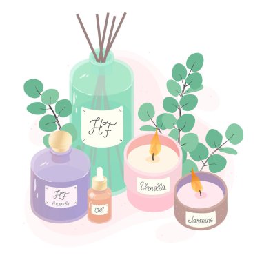 Aromatik mumlar, deffuser, yağ ve okaliptüs vektör çizim seti. Ayurveda, spa, sağlık ve güzellik rutin kavramı. Romaterapi ve ralax tasarım elementleri. Ev kokuları, şirin hygge ev dekorasyonu. 