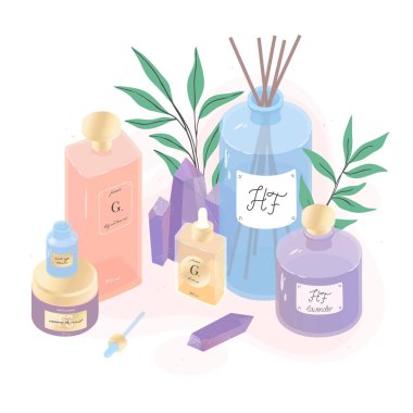 Serum, krem, deffuser, yağ ve okaliptüs vektör çizimi. Spa, sağlık ve güzellik rutin konsepti. Cilt bakımı, aromaterapi ve ralax tasarım elementleri. Ev kokuları, şirin hygge ev dekorasyonu. 