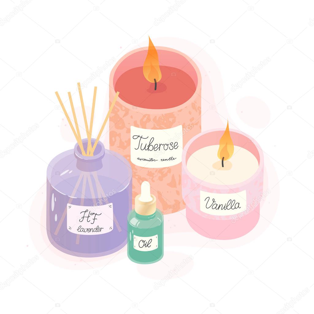 Aromatic candles,deffuser and essential oil vector illustration set.Ayurveda,spa,wellness and beauty routine concept.Aromatherapy and ralax design elements.Home fragrances,cute hygge home decoration 