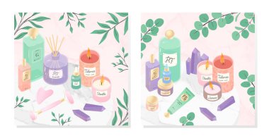 Vector bundle of skincare cosmetic products,creams,serum,face massage tools,oil,crystals,candles,diffuser on a decorative marble tray.Skin care,aromatherapy,spa and wellness concept.Beauty routine clipart