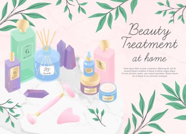 Vector set of skincare cosmetic products,creams, serum,face massage tools,perfume,amethyst crystals,diffuser on a decorative marble tray.Skin care,aromatherapy,spa and wellness concept.Beauty  treatment clipart