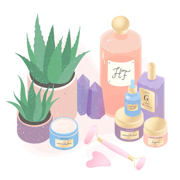 Sérum Crèmes Parfum Outils Massage Visage Jeu Illustration Vectoriel Aloe — Image vectorielle