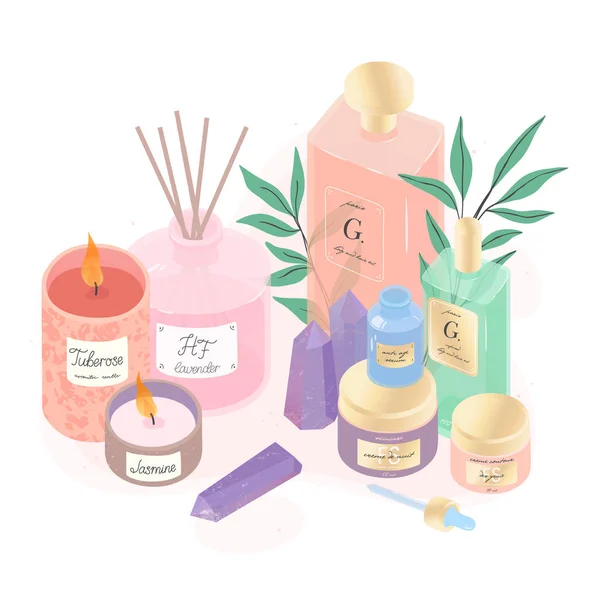 Sérum Crèmes Deffuser Bougies Eucalyptus Vecteur Illustration Set Beauty Routine — Image vectorielle